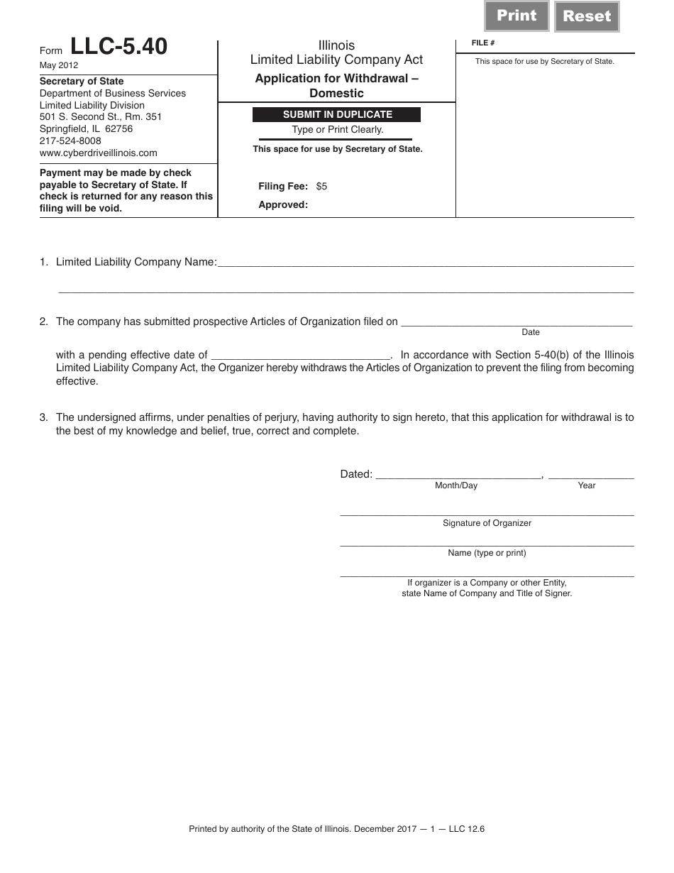 Form LLC-5.40 Application for Withdrawal - Domestic - Illinois, Page 1