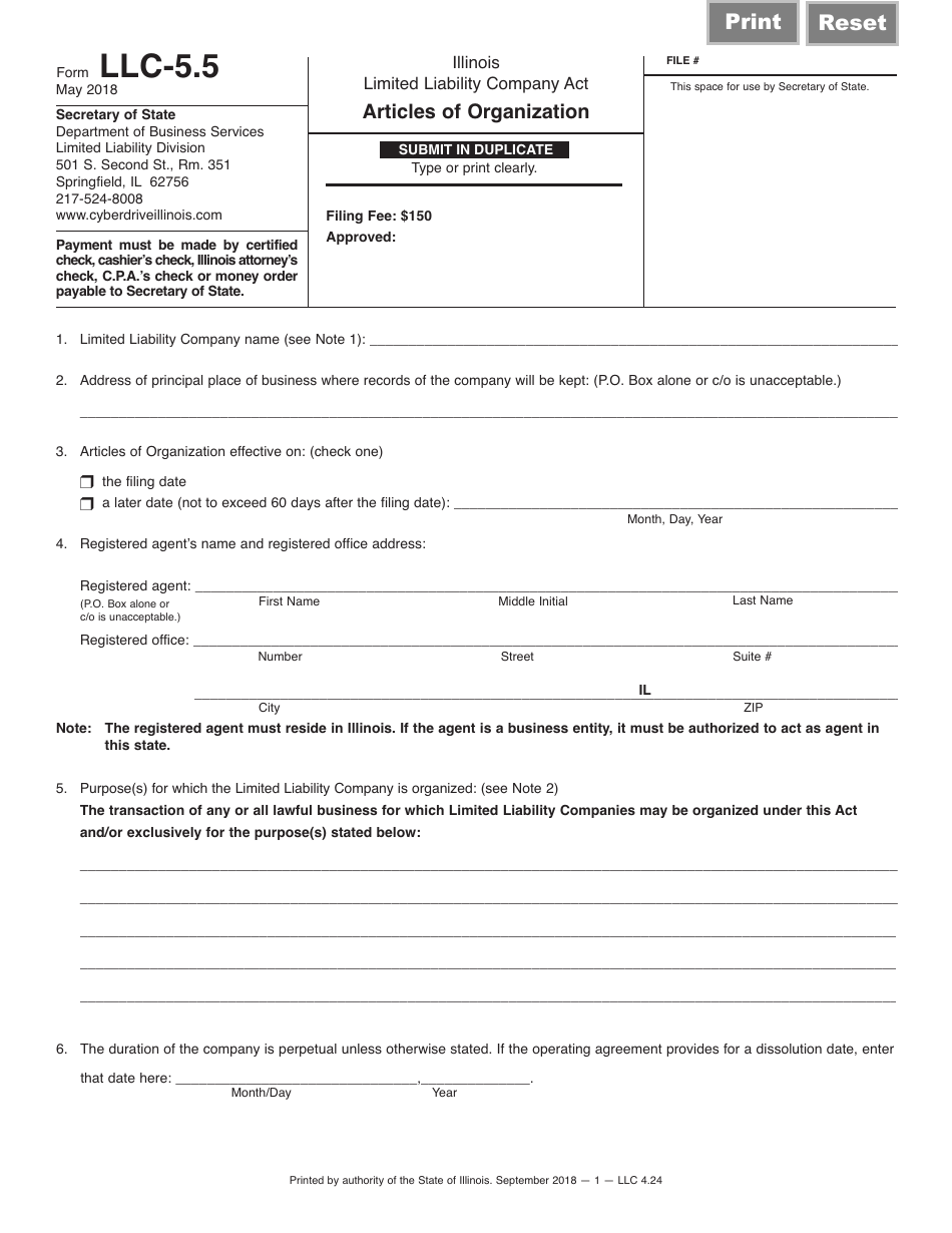 Form LLC-5.5 Articles of Organization - Illinois, Page 1