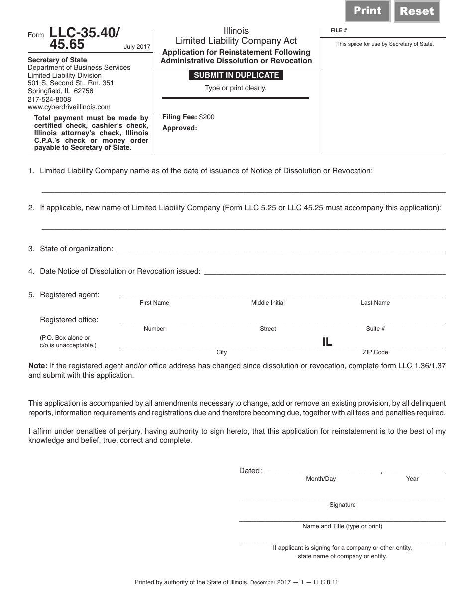 Form LLC-35.40 / 45.65 Application for Reinstatement Following Administrative Dissolution or Revocation - Illinois, Page 1