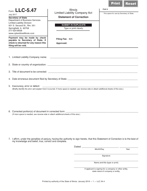 Form LLC-5.47 Statement of Correction - Illinois