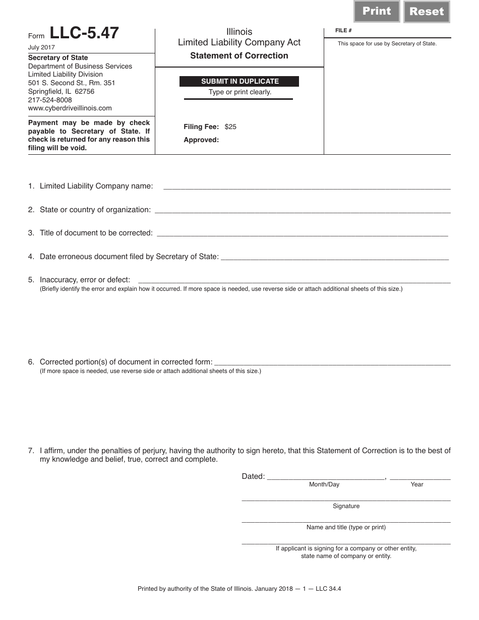 Form LLC-5.47 Statement of Correction - Illinois, Page 1