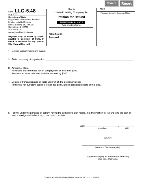 Form LLC-5.38 Petition for Refund - Illinois