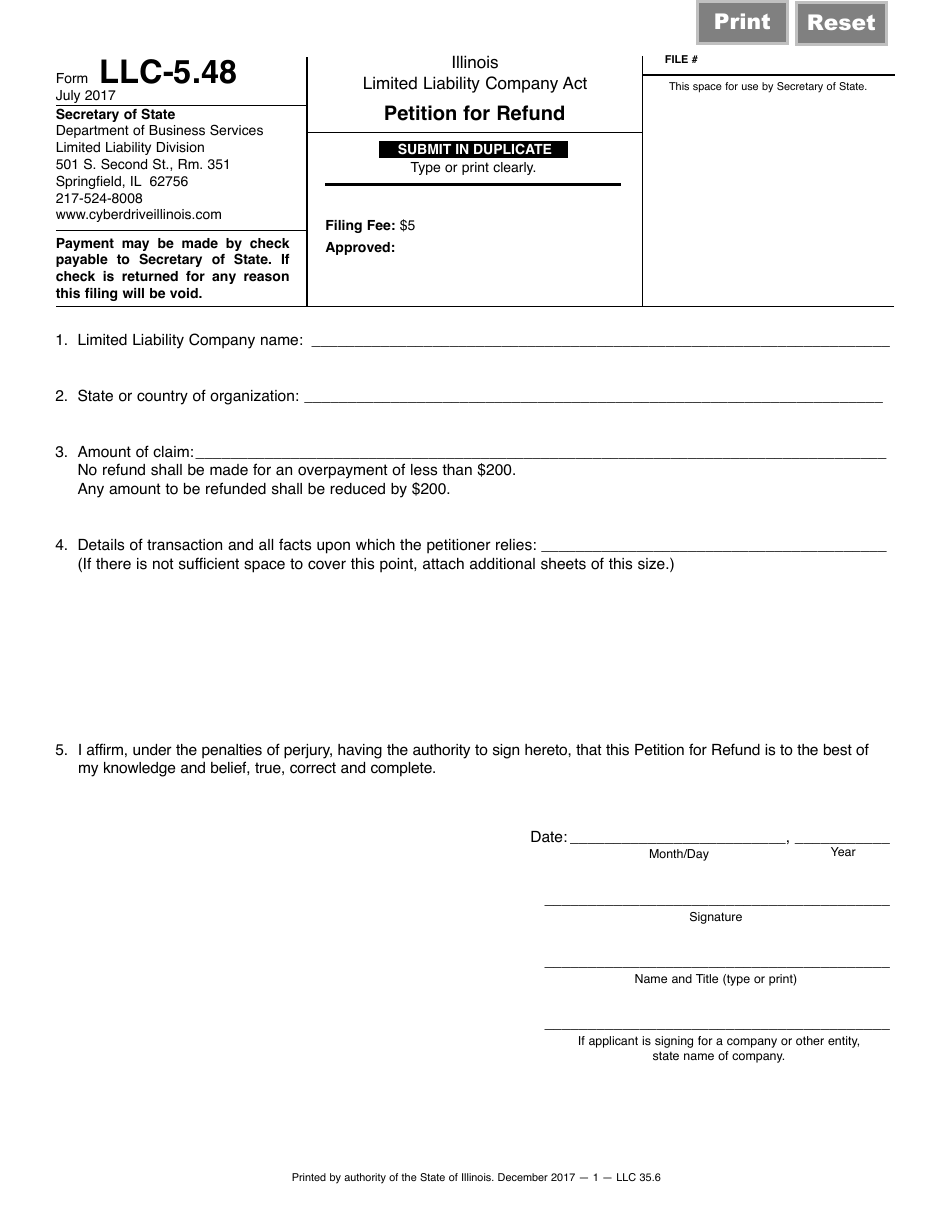 Form LLC-5.38 Petition for Refund - Illinois, Page 1