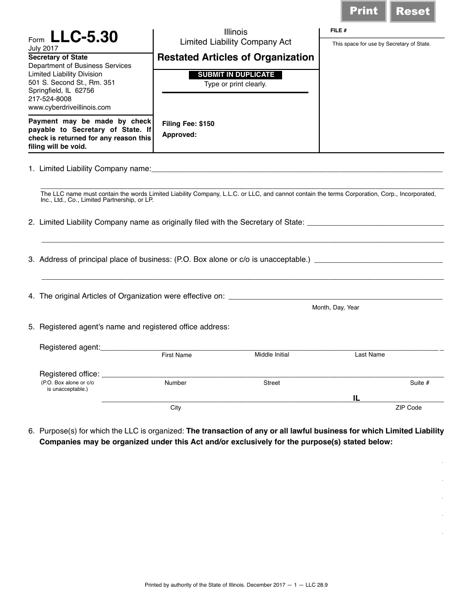 Form LLC-5.30 Restated Articles of Organization - Illinois, Page 1
