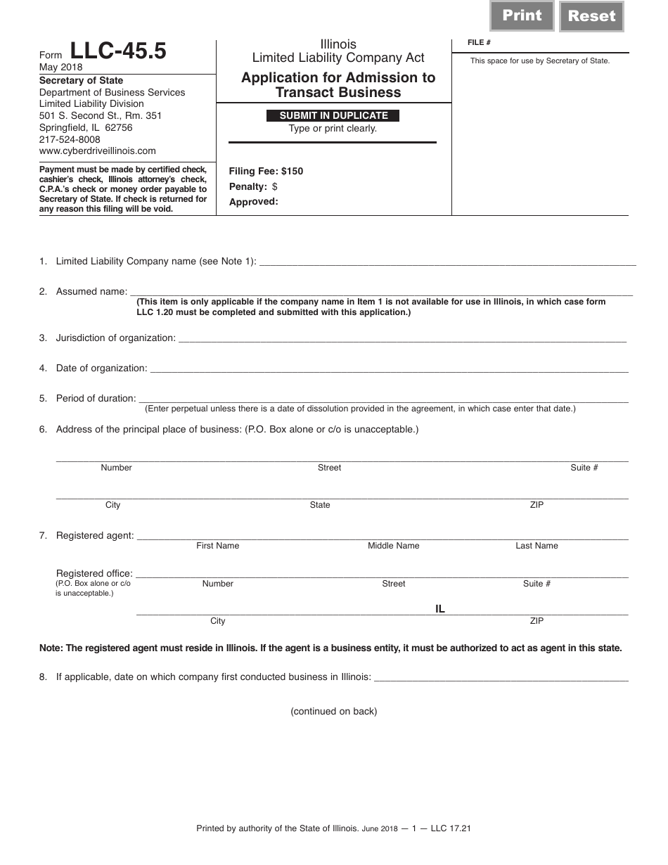 Form LLC-45.5 Application for Admission to Transact Business - Illinois, Page 1