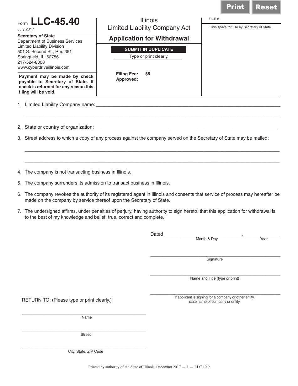 Form LLC45.40 Download Fillable PDF or Fill Online Application for