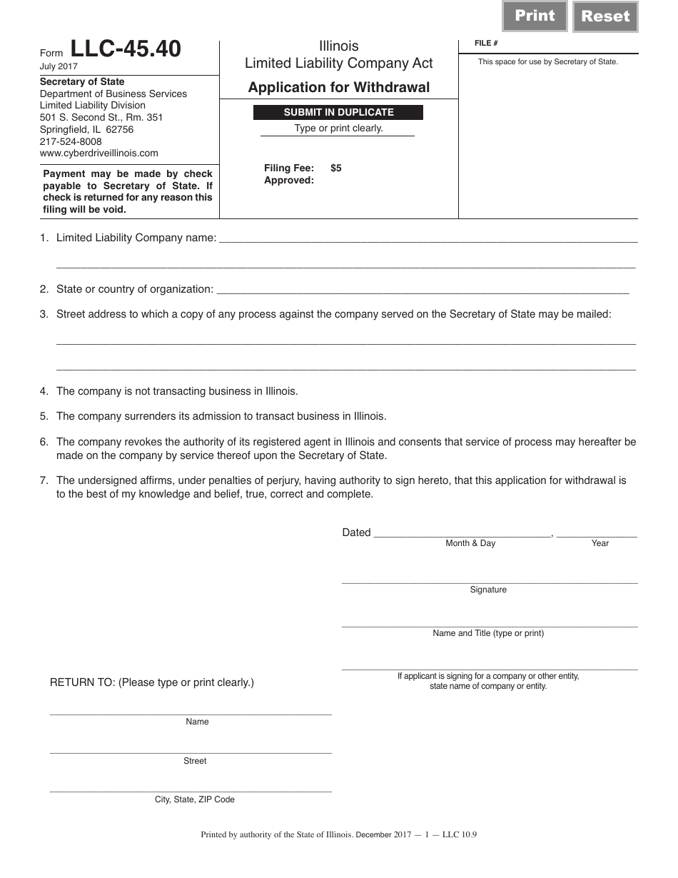 Form LLC-45.40 Application for Withdrawal - Illinois, Page 1