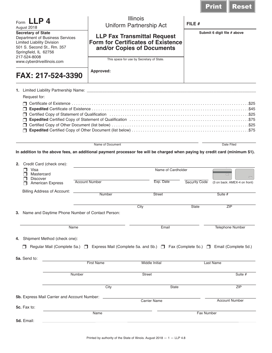 Form LLP4 LLP Fax Transmittal Request Form for Certificates of Existence and / or Copies of Documents - Illinois, Page 1