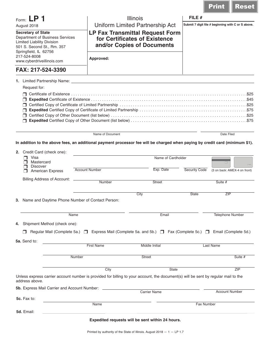 Form LP1 Lp Fax Transmittal Request Form for Certificates of Existence and / or Copies of Documents - Illinois, Page 1