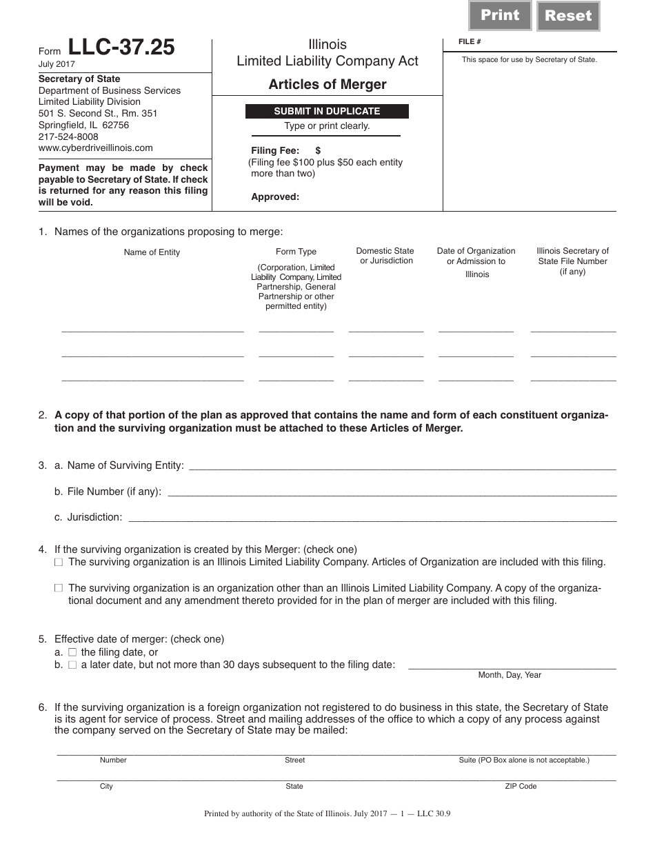 Form LLC-37.25 Articles of Merger - Illinois, Page 1