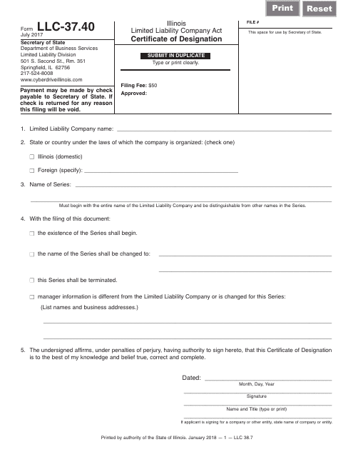 Form LLC-37.40 Certificate of Designation - Illinois
