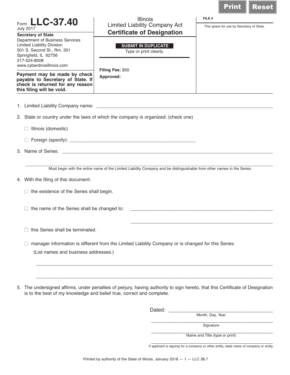 Form LLC-37.40 Certificate of Designation - Illinois, Page 1