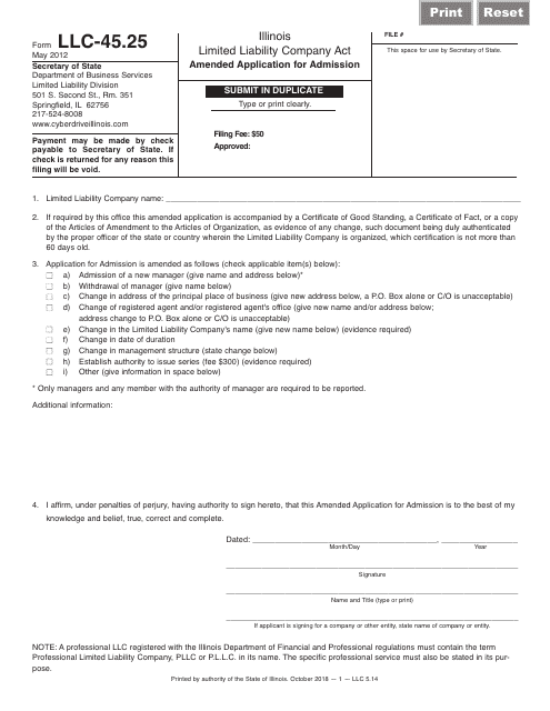 Form LLC-45.25 Amended Application for Admission - Illinois