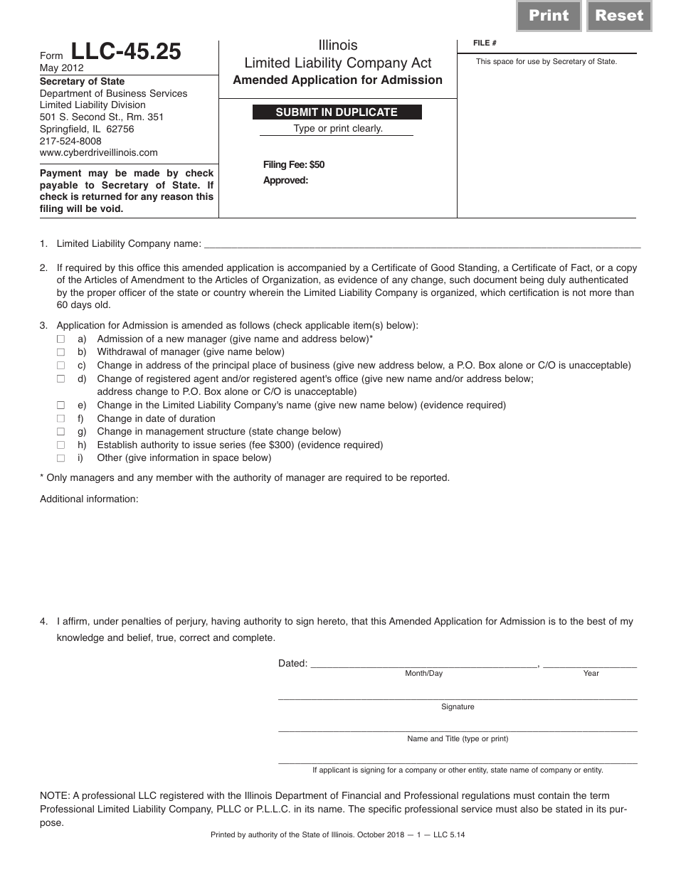 Form LLC-45.25 Amended Application for Admission - Illinois, Page 1