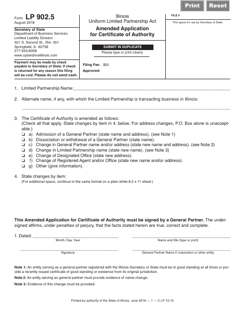 Form LP902.5 Amended Application for Certificate of Authority - Illinois
