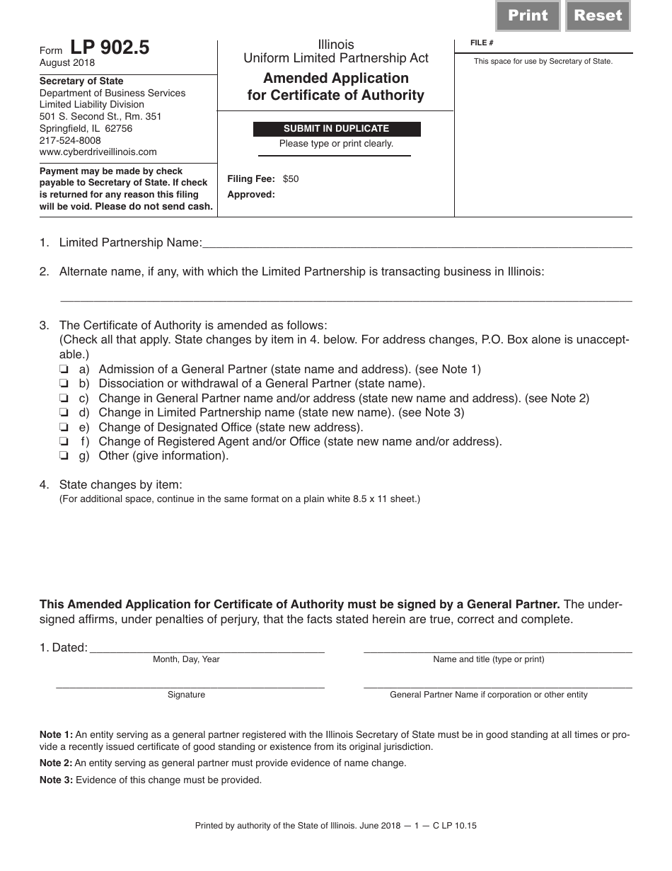 Form LP902.5 Amended Application for Certificate of Authority - Illinois, Page 1