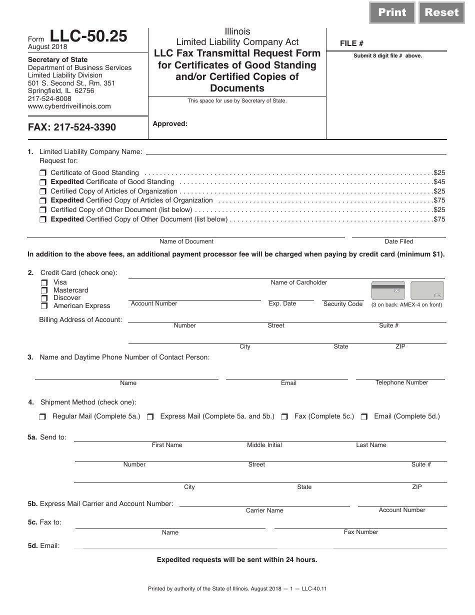 Form LLC-50.25 LLC Fax Transmittal Request Form for Certificates of Good Standing and / or Certified Copies of Documents - Illinois, Page 1