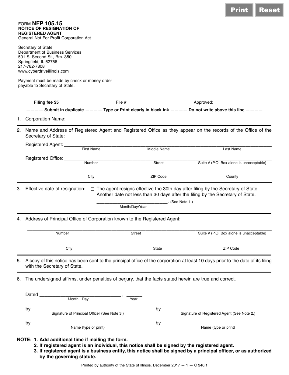 Form C346.1 (NFP105.15) Notice of Resignation of Registered Agent - Illinois, Page 1