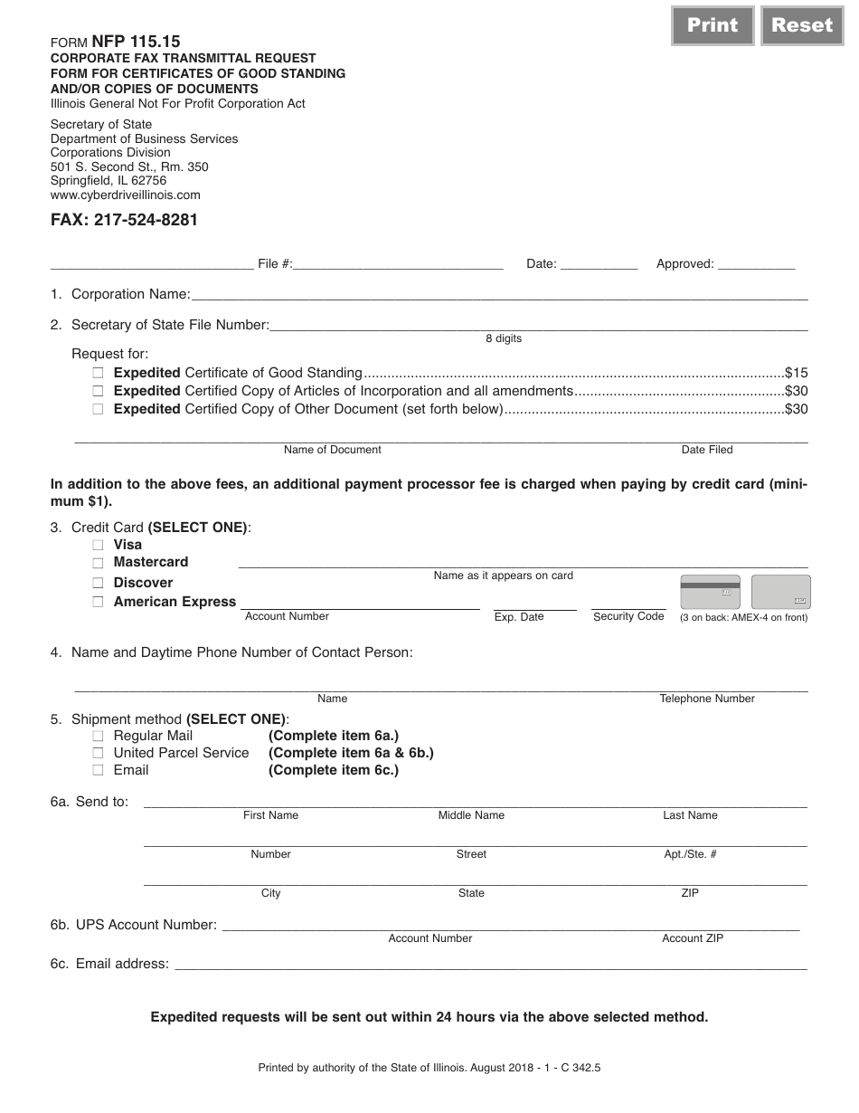 Form C342.5 (NFP115.15) Corporate Fax Transmittal Request Form for Certificates of Good Standing and/or Copies of Documents - Illinois, Page 1