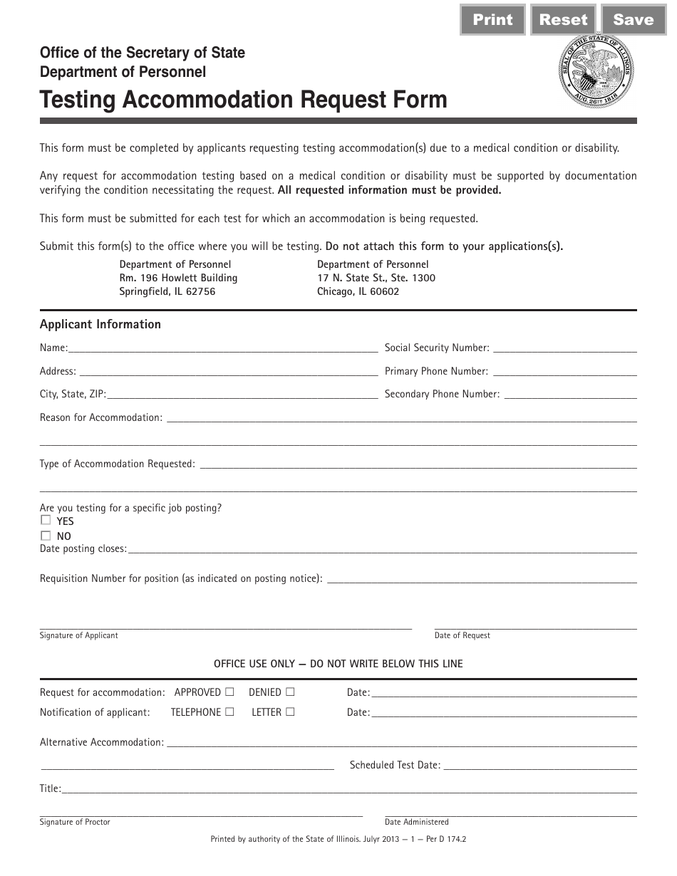 Form Per D174 Testing Accommodation Request Form - Illinois, Page 1