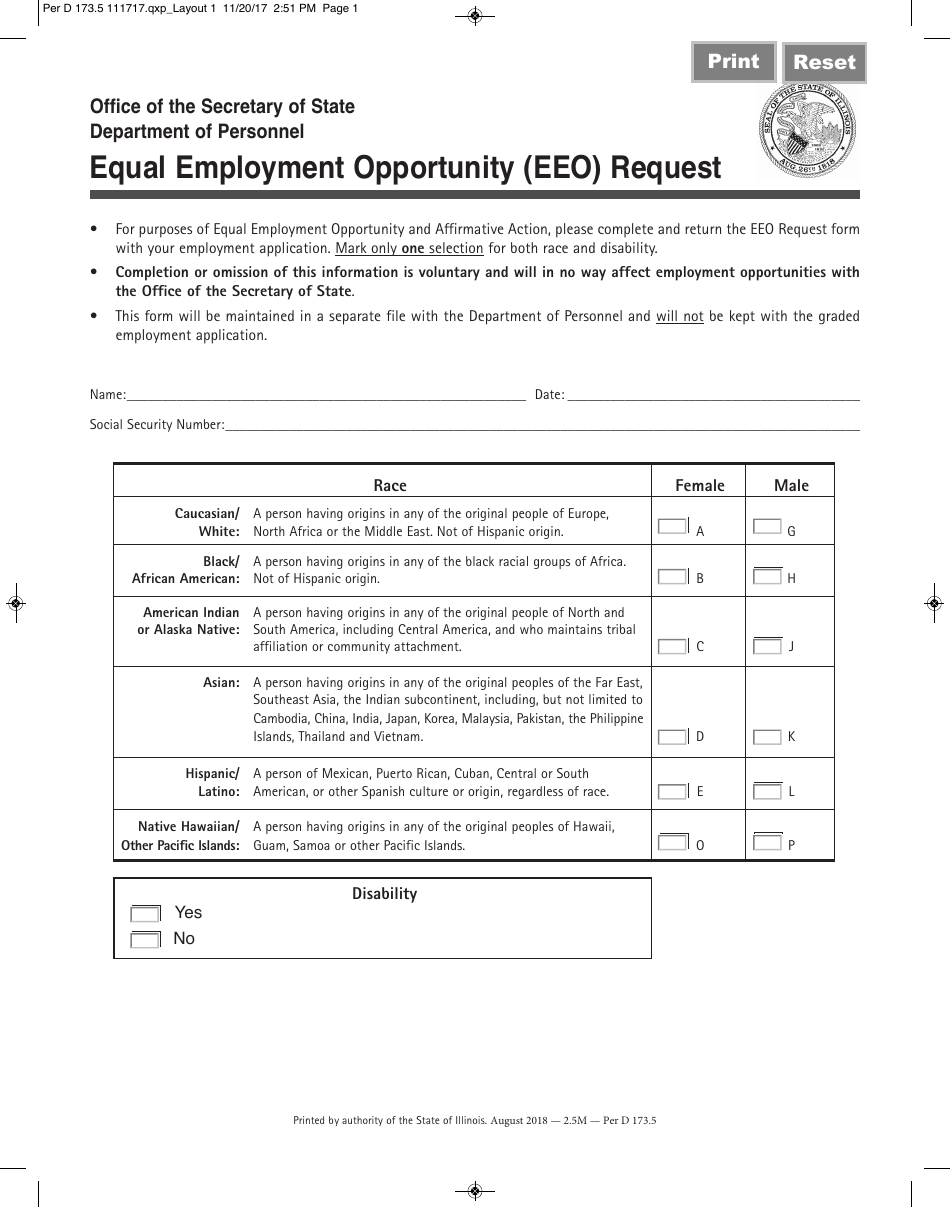 Form Per D173.5 Equal Employment Opportunity (EEO) Request - Illinois, Page 1