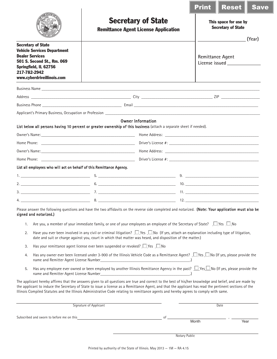 Form RA4.15 Remittance Agent License Application - Illinois, Page 1