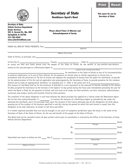 Form RA3.12 Remittance Agent's Bond - Illinois