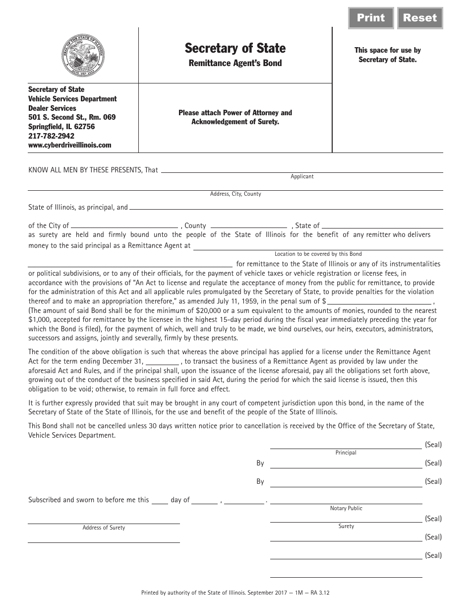 Form RA3.12 Remittance Agents Bond - Illinois, Page 1
