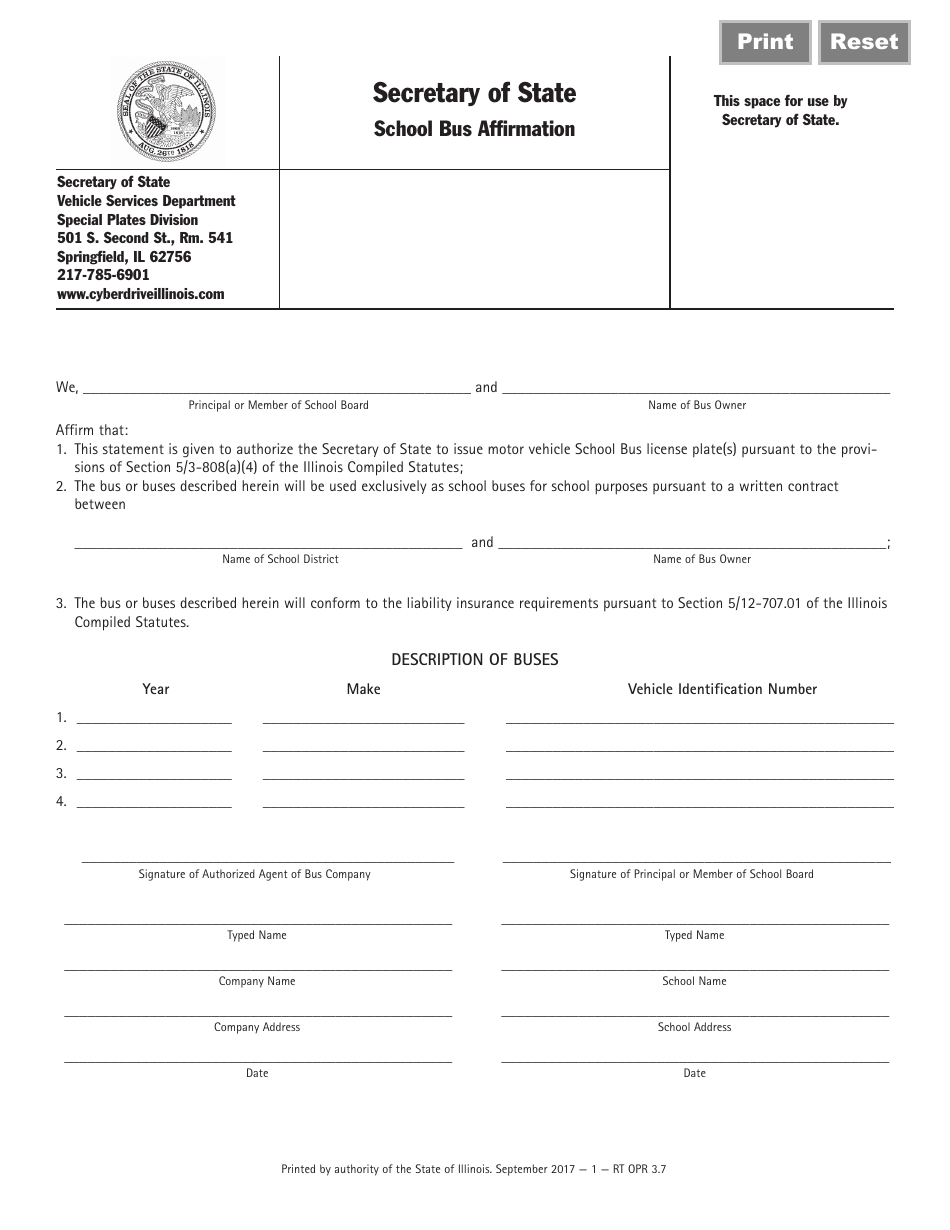 Form RT OPR3.7 School Bus Affirmation - Illinois, Page 1