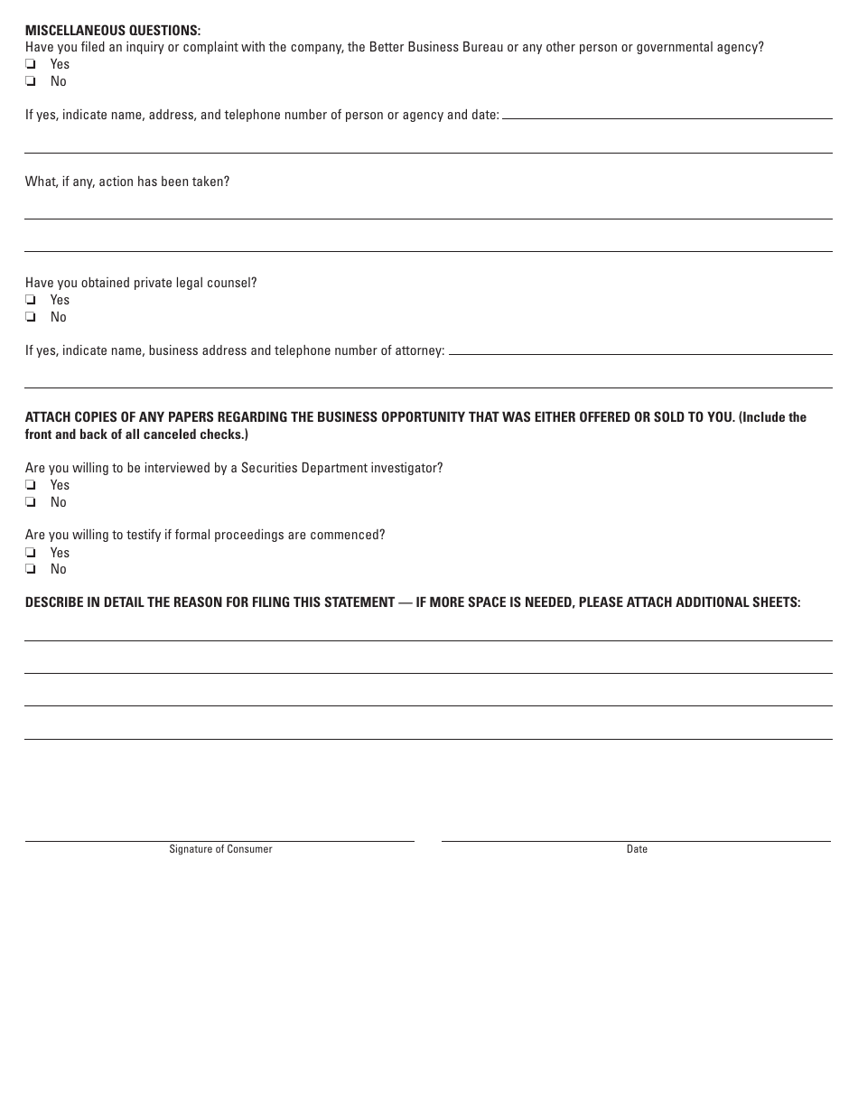 Form SEC307.1 Business Opportunity Consumer Statement - Illinois, Page 3