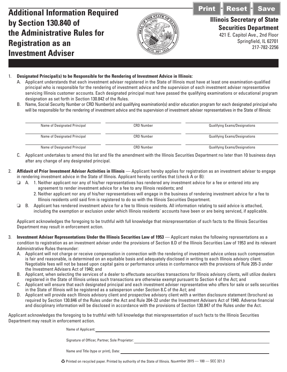Form SEC321.3 Additional Information Required by Section 130.840 of the Administrative Rules for Registration as an Investment Adviser - Illinois, Page 1