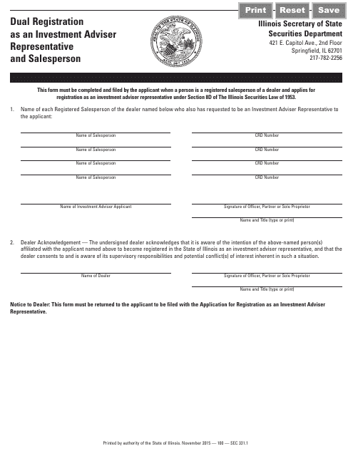 Form SEC331.1 Dual Registration as an Investment Adviser Representative and Salesperson - Illinois