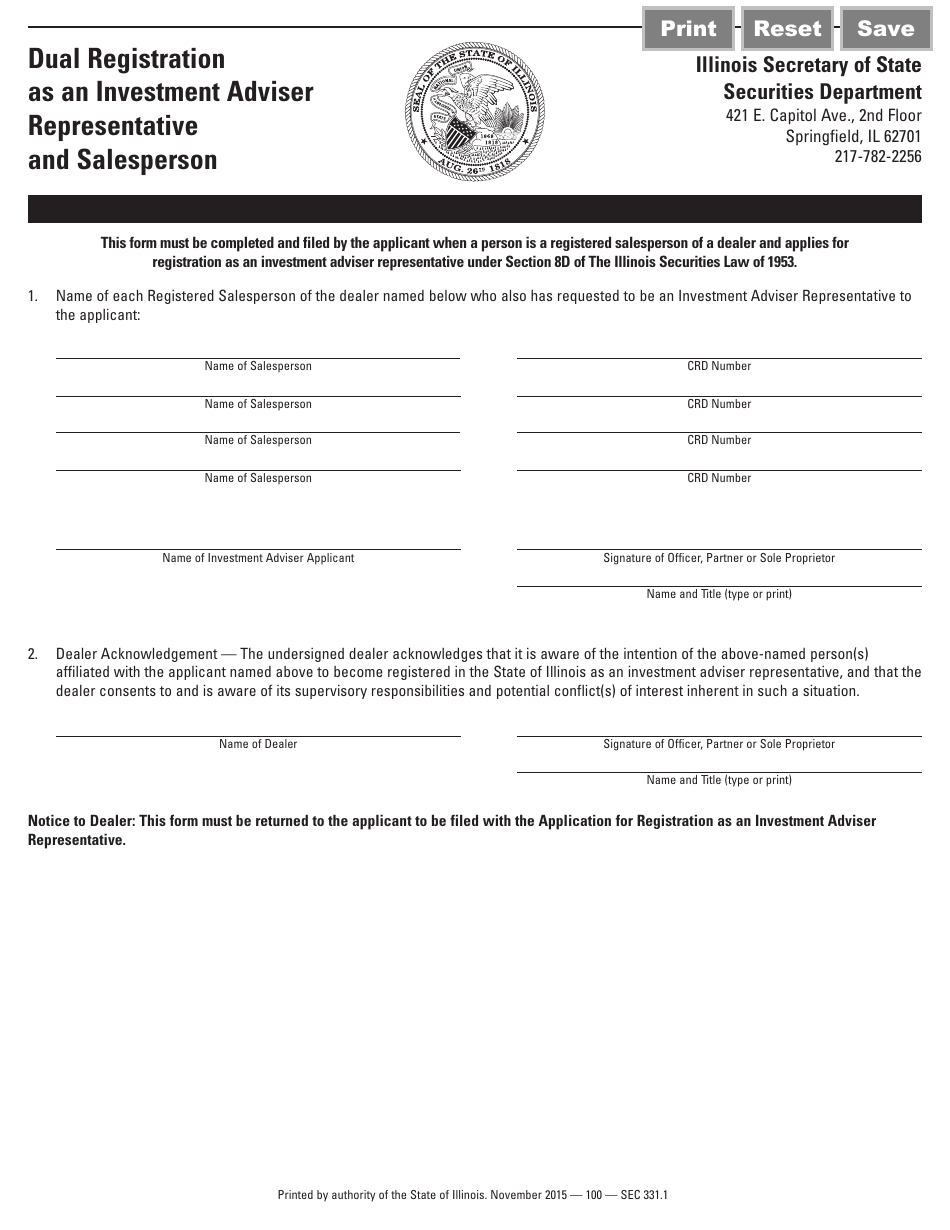 Form SEC331.1 Dual Registration as an Investment Adviser Representative and Salesperson - Illinois, Page 1