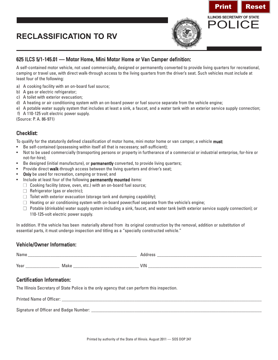 Form SOS DOP247 Reclassification to Rv - Illinois, Page 1