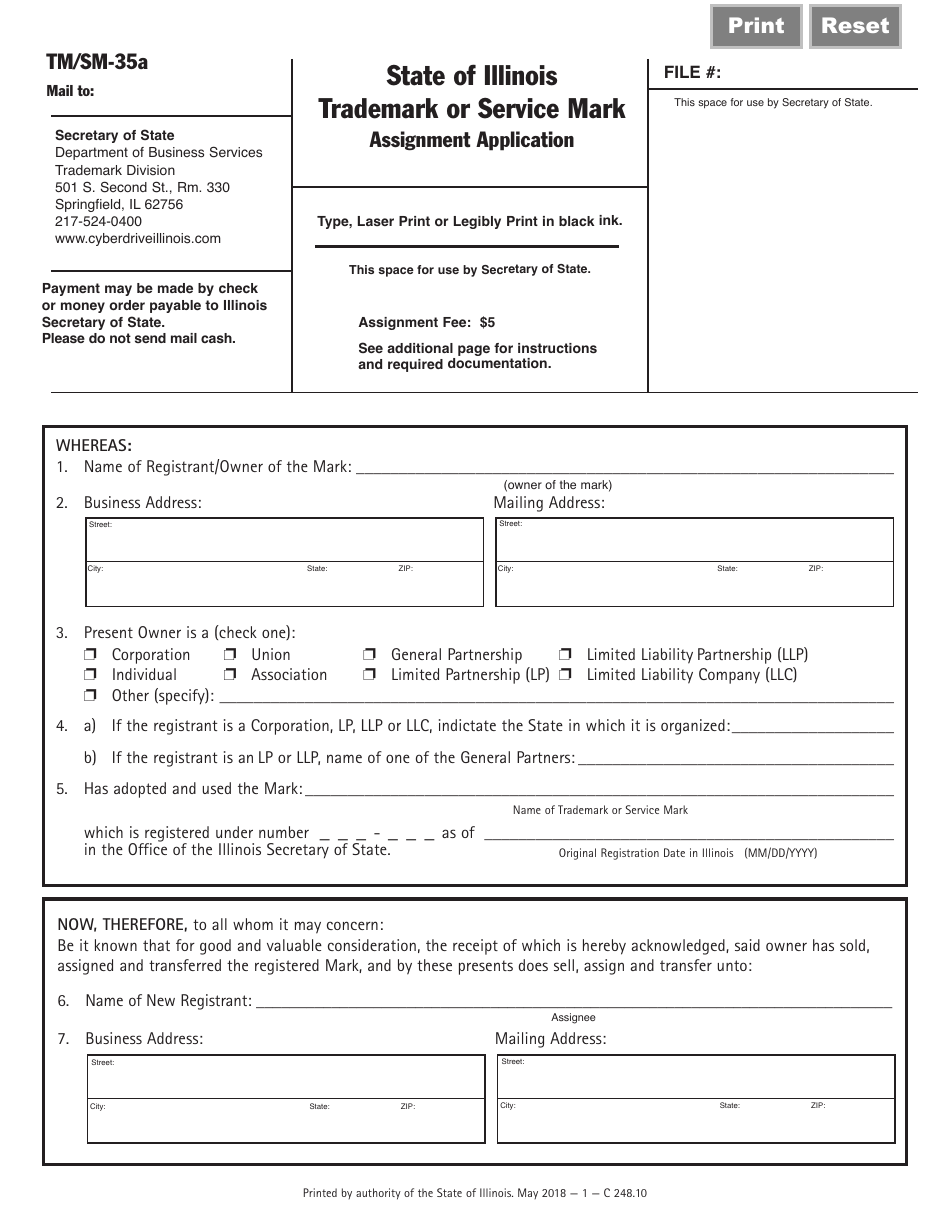 Form C248.10 (TM / SM-35A) Trademark or Service Mark Assignment Application - Illinois, Page 1