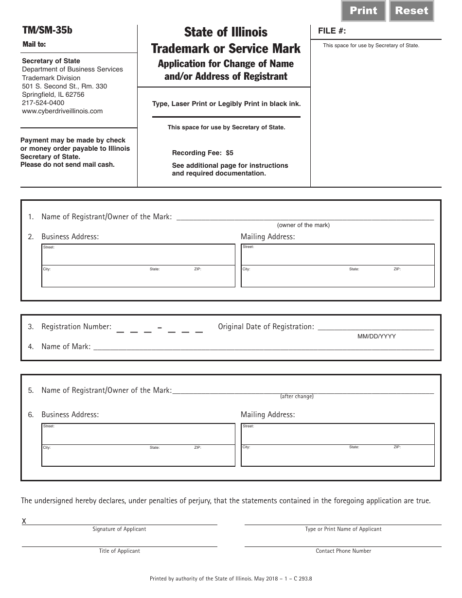 Form C293.8 (TM/SM-35B) Trademark or Service Mark Application for Change of Name and/or Address of Registrant - Illinois, Page 1