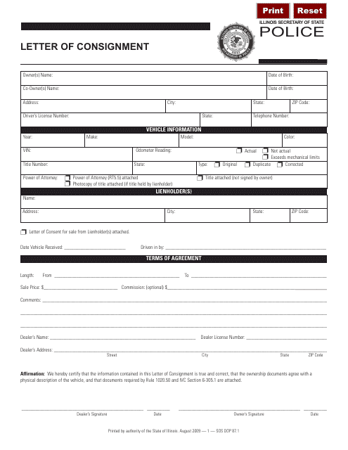 Form SOS DOP87.1 Letter of Consignment - Illinois