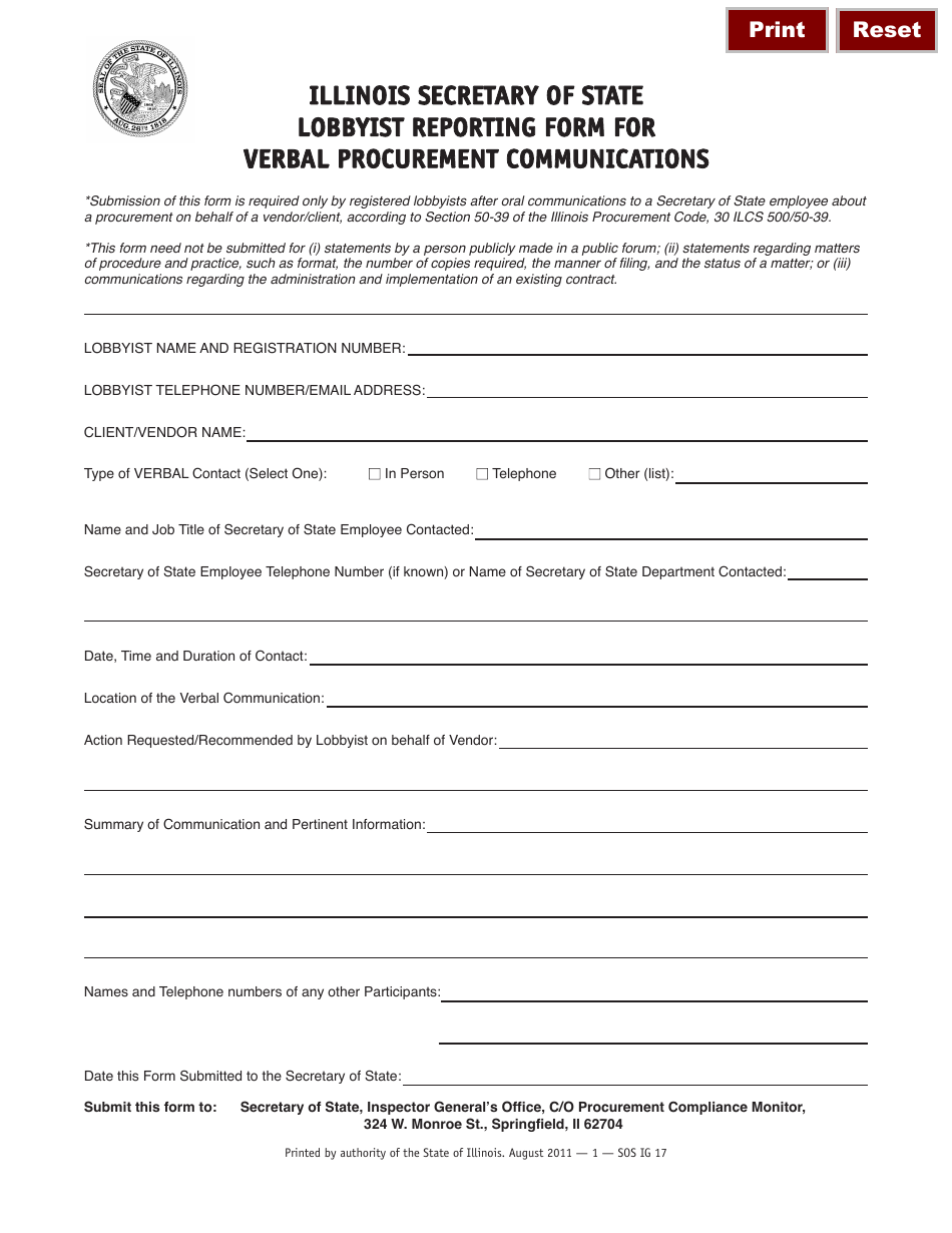 Form SOS IG17 Lobbyist Reporting Form for Verbal Procurement Communications - Illinois, Page 1