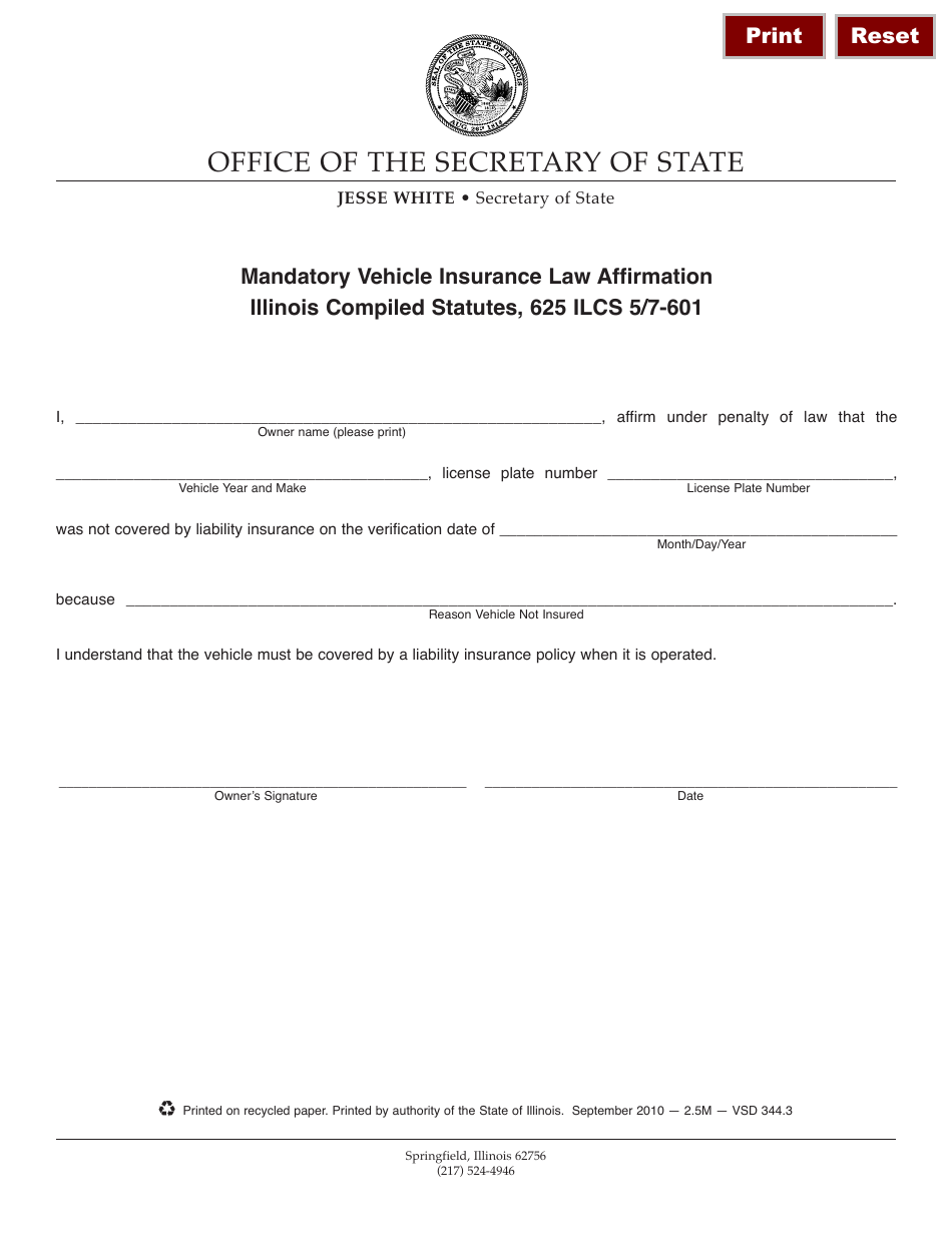 Form VSD344.3 Mandatory Vehicle Insurance Law Affirmation - Illinois, Page 1