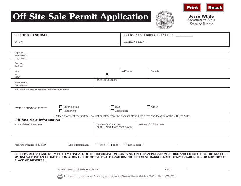 Form VSD367.1 Off Site Sale Permit Application - Illinois