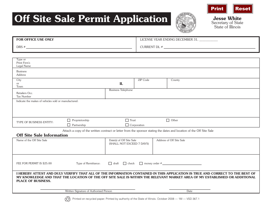 Form VSD367.1 Off Site Sale Permit Application - Illinois, Page 1