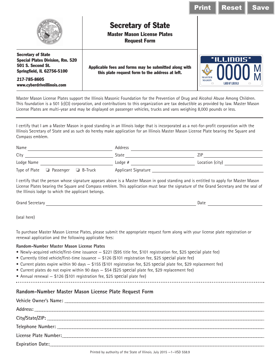Form VSD558.9 Master Mason License Plates Request Form - Illinois, Page 1