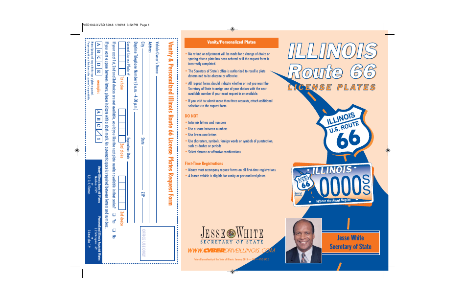 Form VSD642.3 Illinois Route 66 License Plates Request Form - Illinois, Page 1