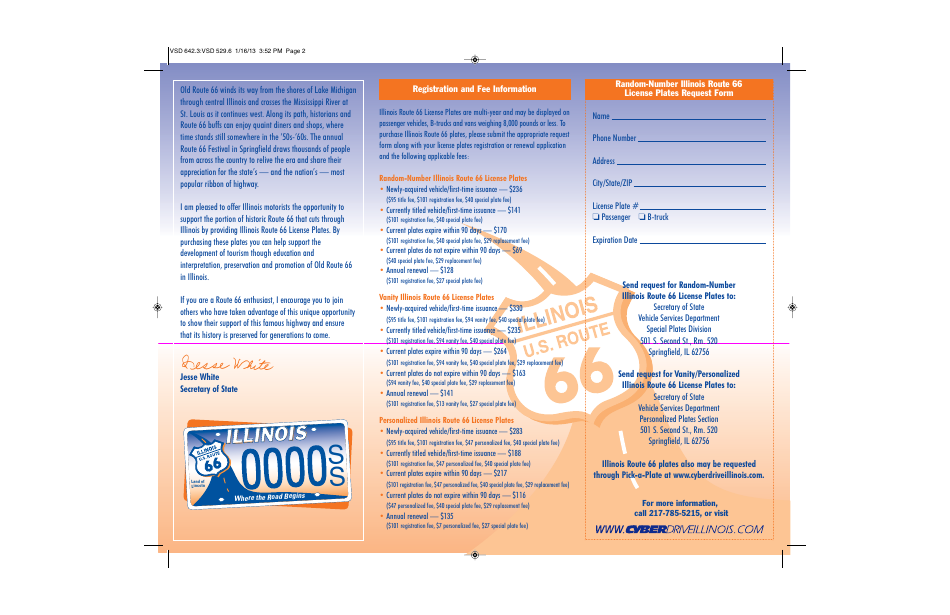 Form VSD642.3 Illinois Route 66 License Plates Request Form - Illinois, Page 2