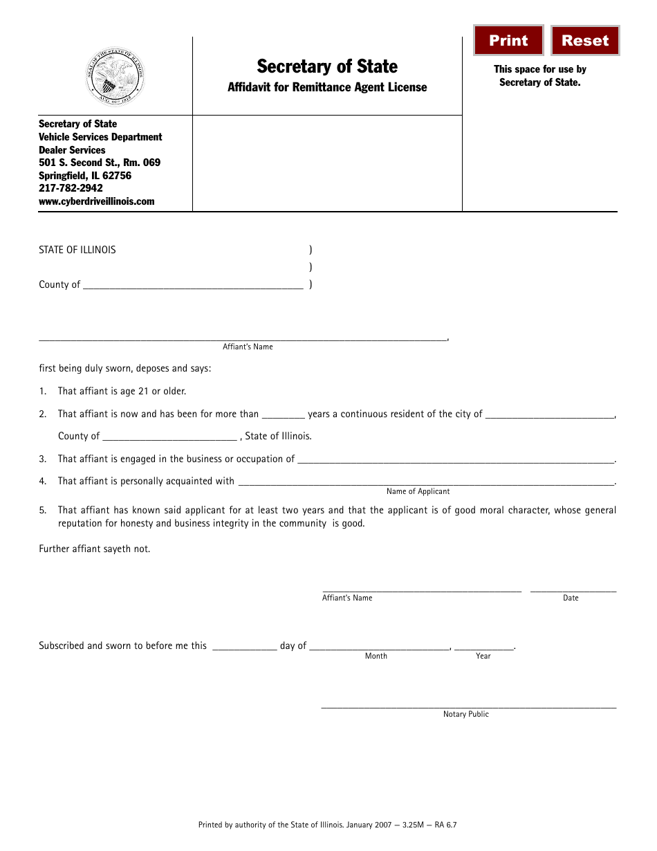 Form RA6.7 Affidavit for Remittance Agent License - Illinois, Page 1