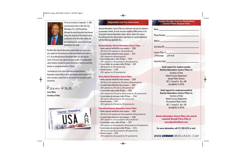 Form VSD671.5 America Remembers License Plates Request Form - Illinois, Page 2