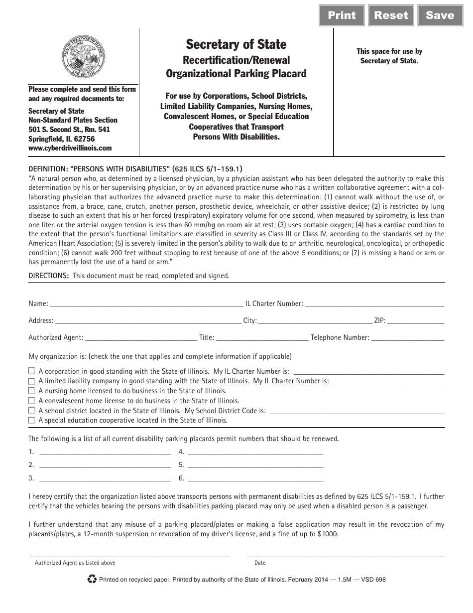 Form VSD698 Recertification / Renewal Organizational Parking Placard - Illinois, Page 1