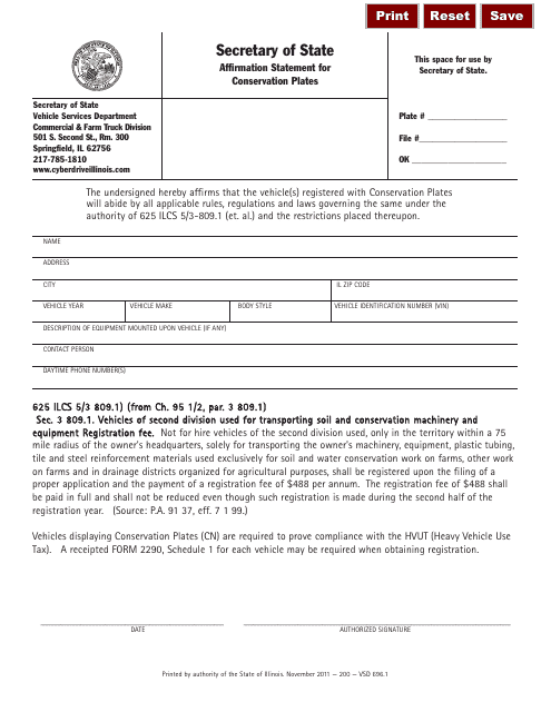 Form VSD696.1 Affirmation Statement for Conservation Plates - Illinois