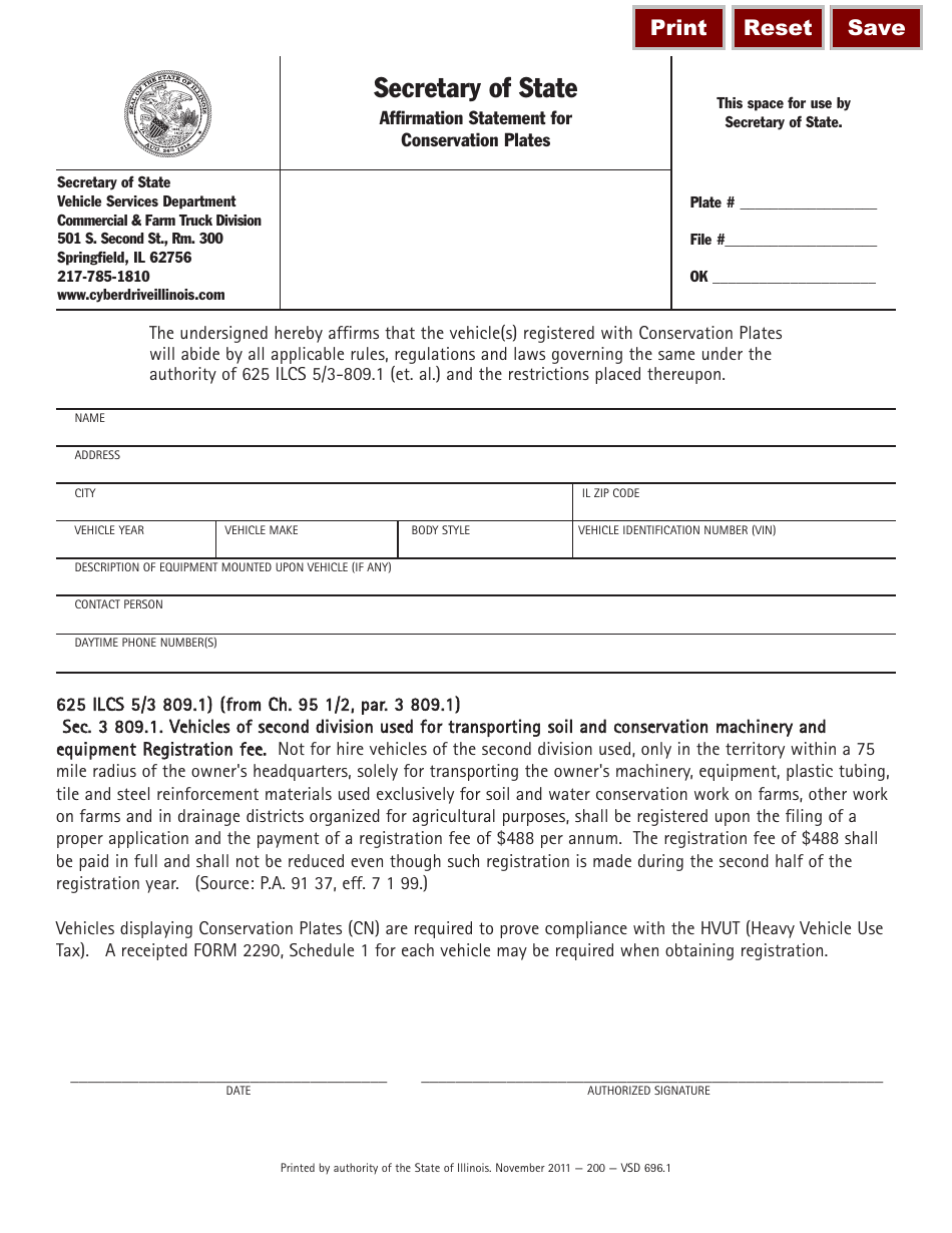 Form VSD696.1 Affirmation Statement for Conservation Plates - Illinois, Page 1