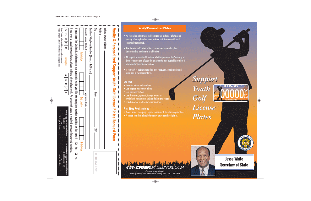 Form VSD706.3 Support Youth Golf License Plates Request Form - Illinois